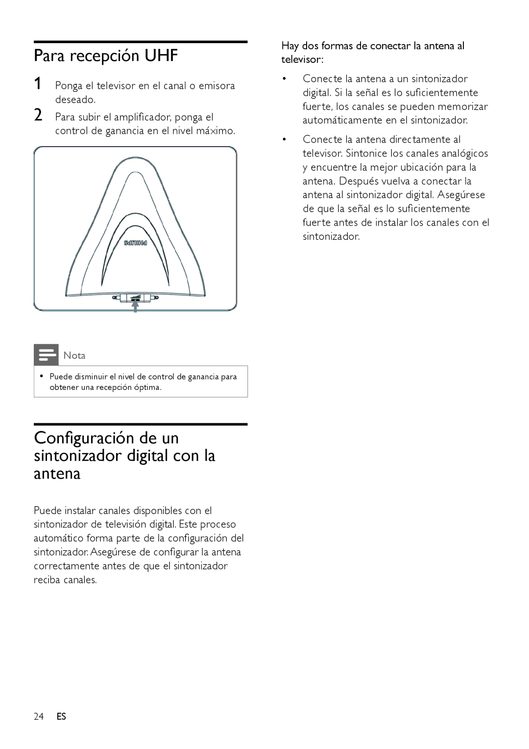 Philips SDV2790/27 user manual Para recepción UHF, Configuración de un sintonizador digital con la antena 