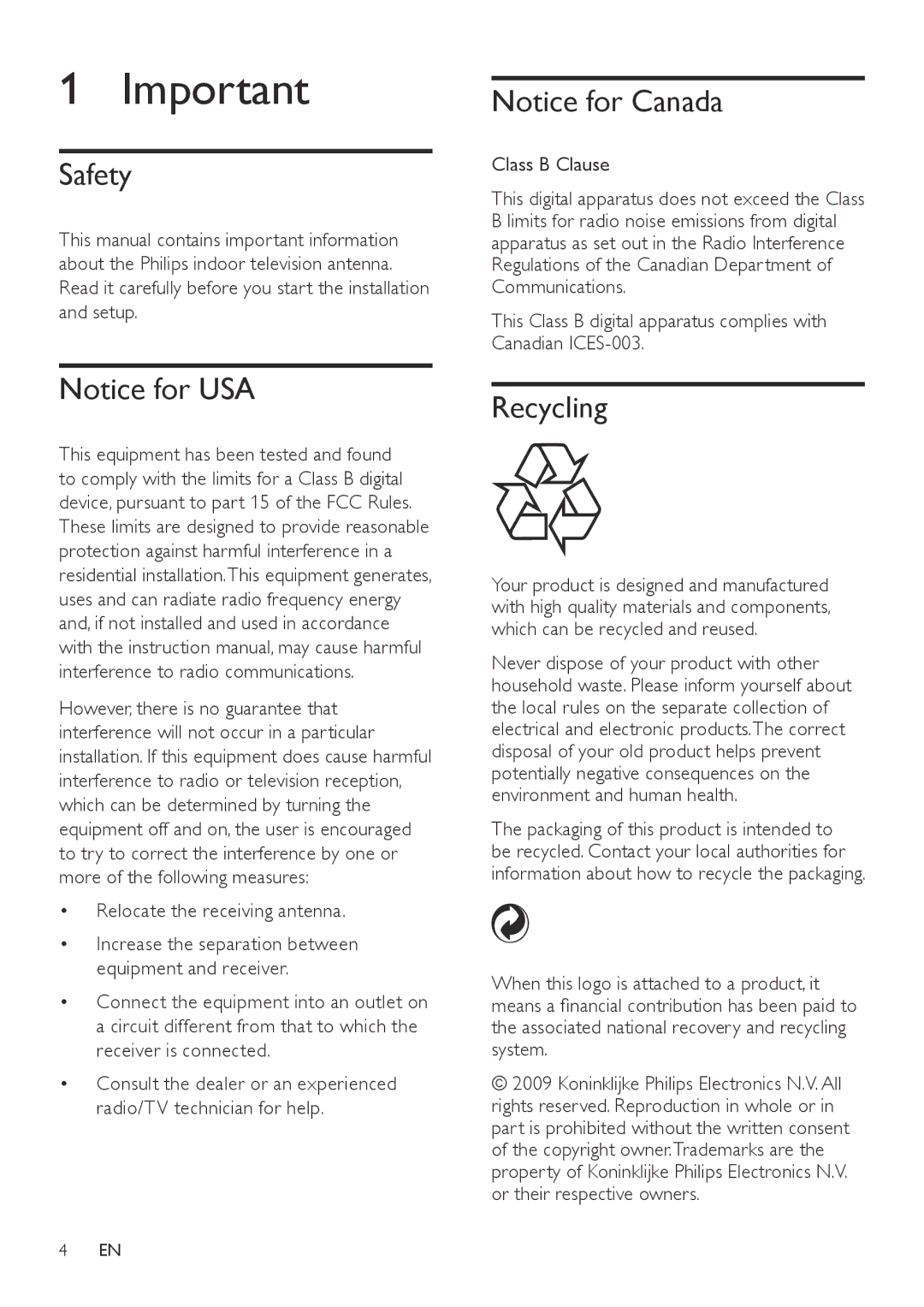 Philips SDV2790/27 user manual Safety, Recycling, Relocate the receiving antenna, Class B Clause 