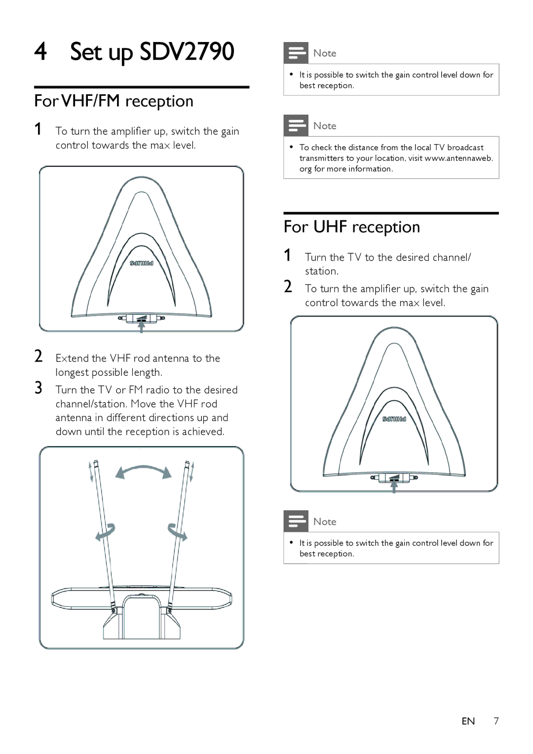 Philips SDV2790/27 user manual Set up SDV2790, For VHF/FM reception, For UHF reception 