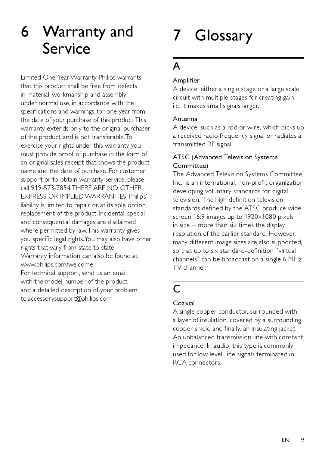 Philips SDV2790/27 user manual Warranty and Service, Glossary, Amplifier, Coaxial 