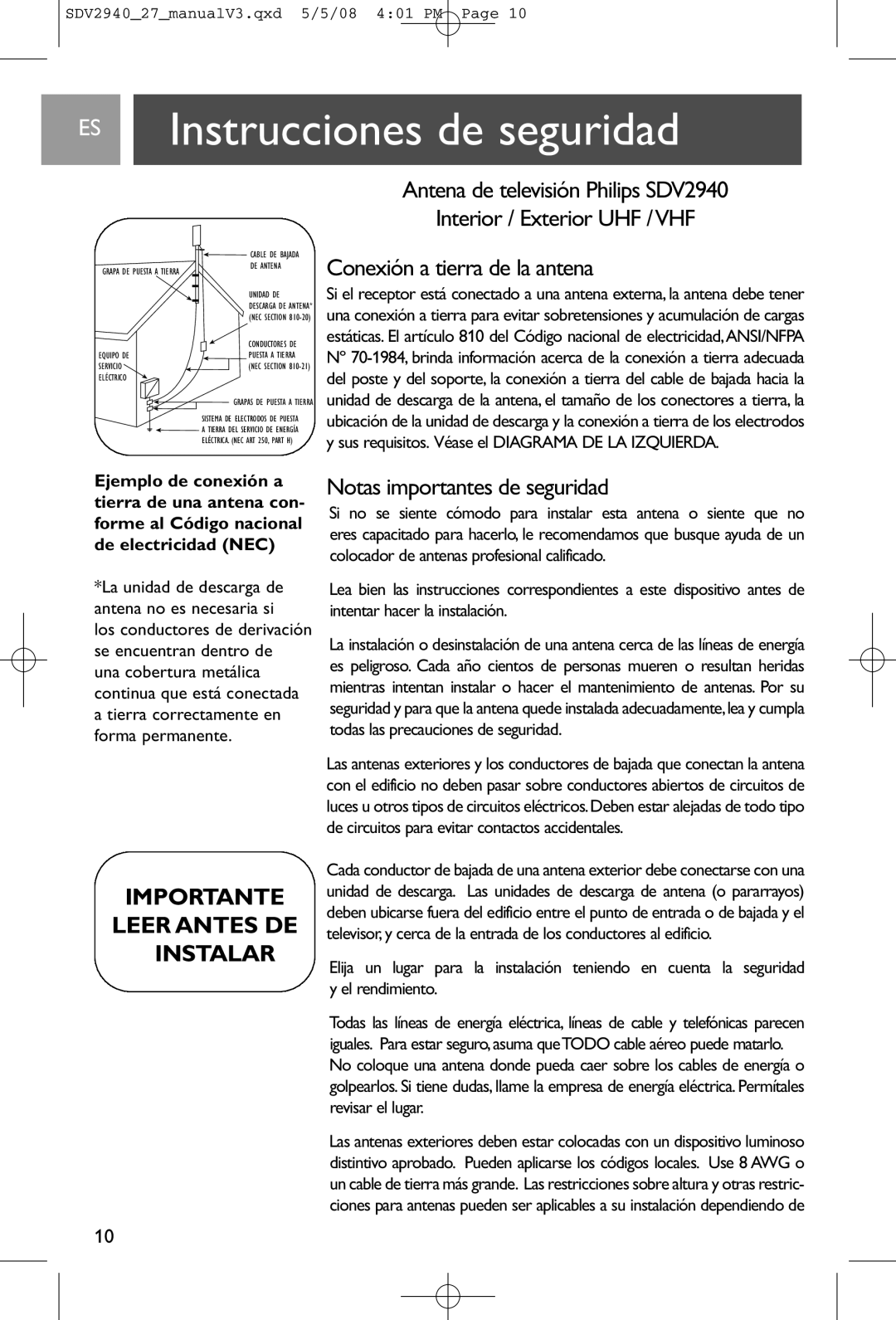 Philips SDV2940, SDV2927 Instrucciones de seguridad, Conexión a tierra de la antena, Notas importantes de seguridad 