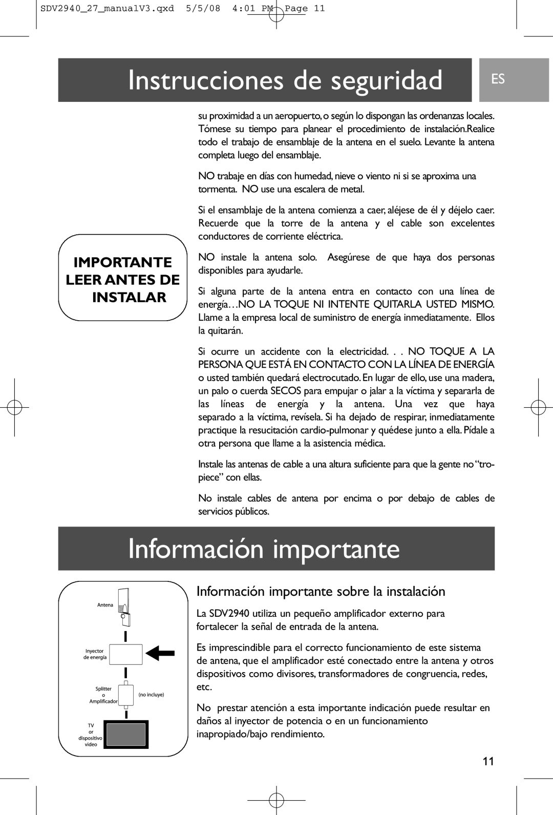 Philips SDV2927, SDV2940 user manual Información importante sobre la instalación 