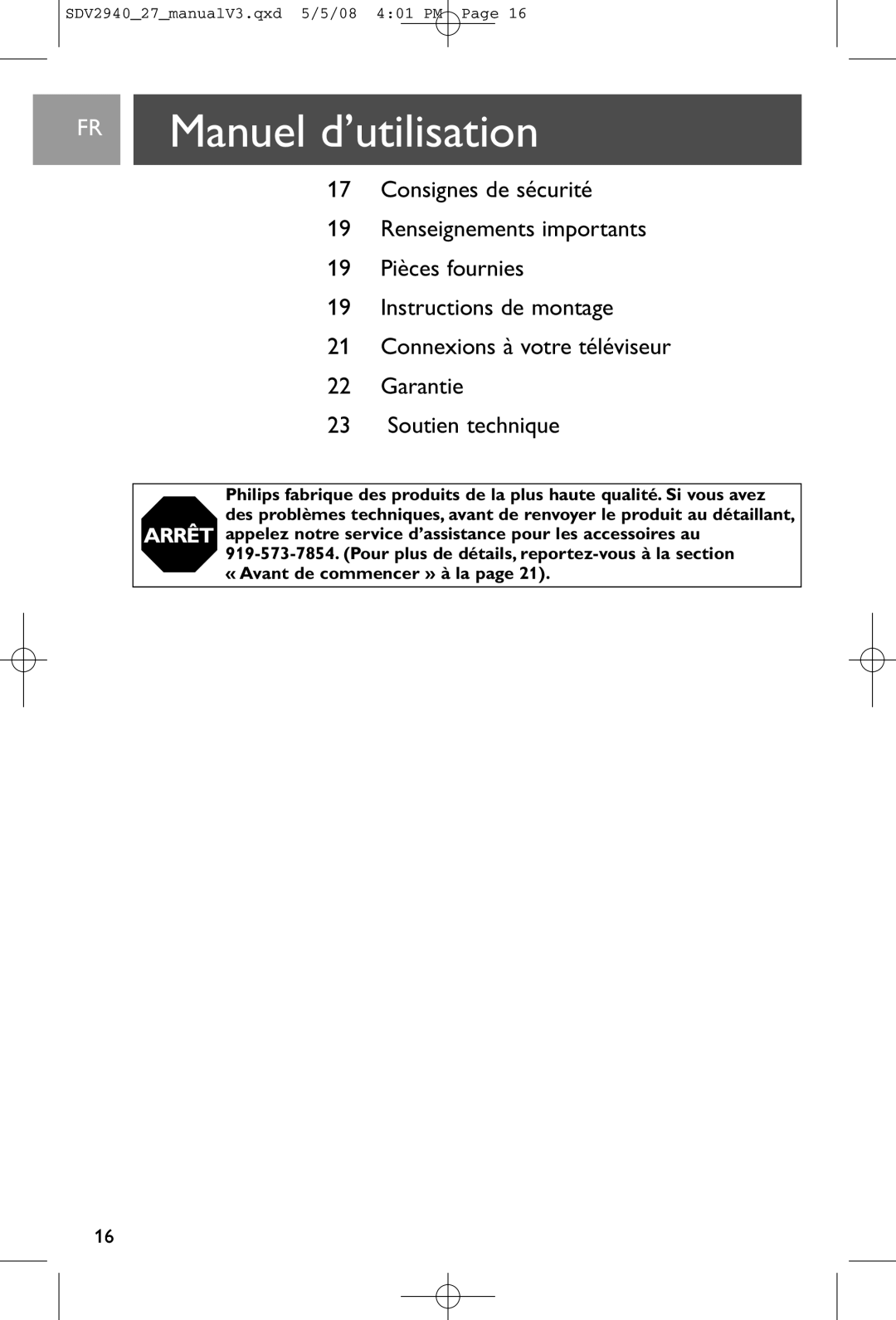 Philips SDV2940, SDV2927 user manual Manuel d’utilisation 