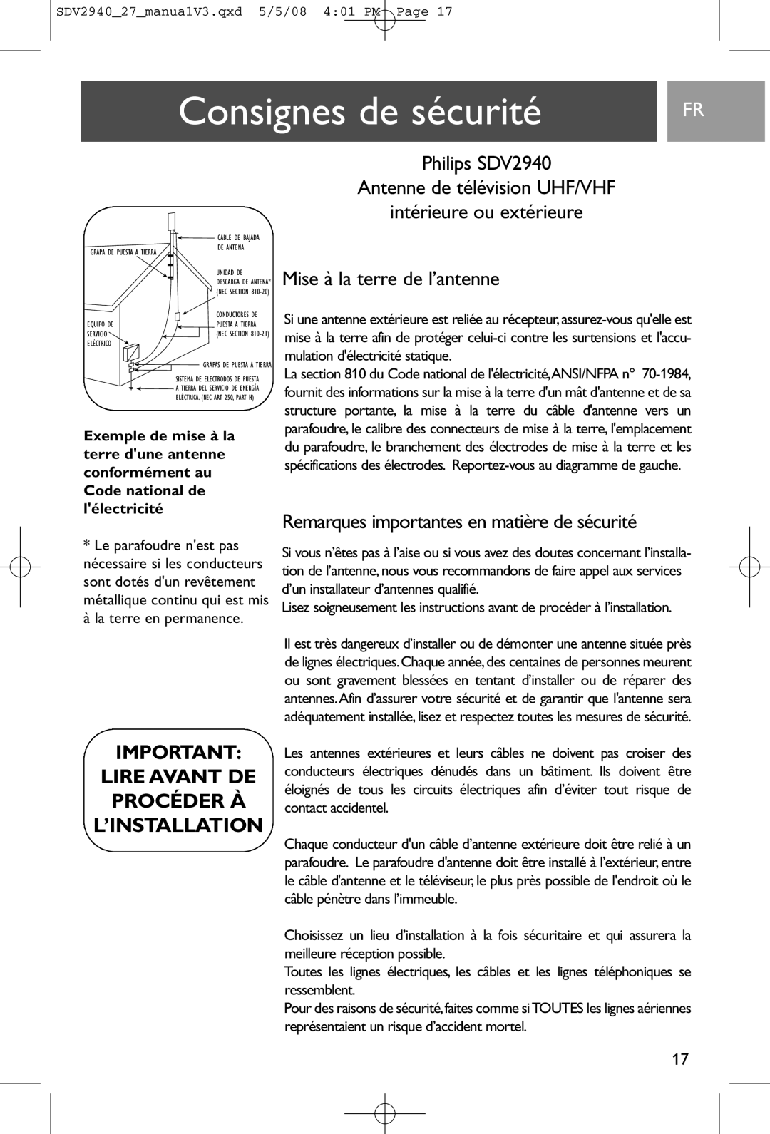 Philips SDV2927, SDV2940 Consignes de sécurité, Mise à la terre de l’antenne, Remarques importantes en matière de sécurité 