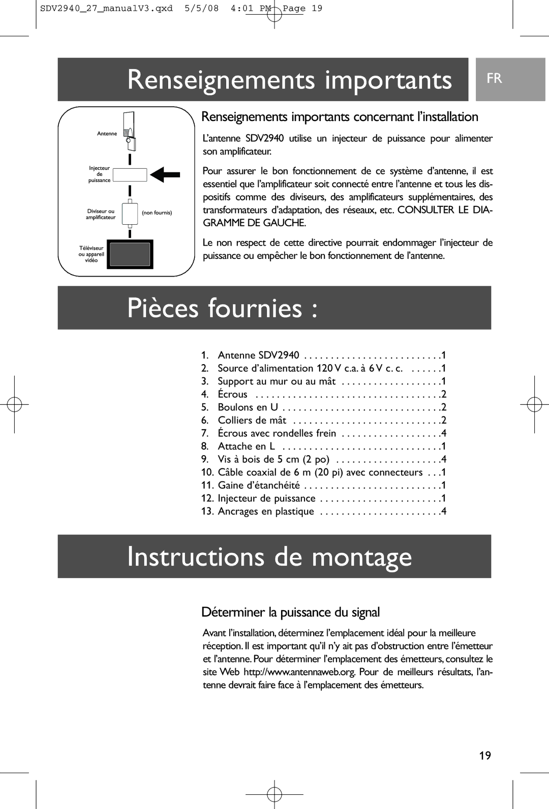 Philips SDV2927 Renseignements importants FR, Pièces fournies, Instructions de montage, Déterminer la puissance du signal 