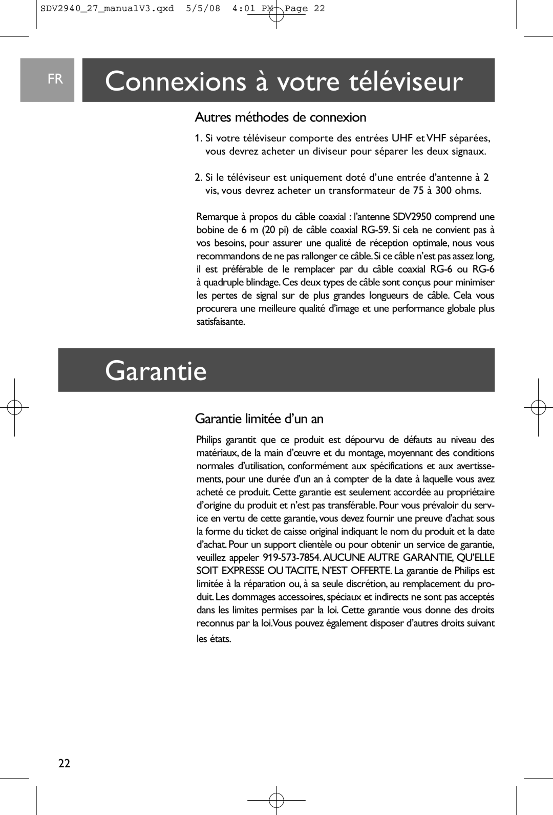 Philips SDV2940, SDV2927 FR Connexions à votre téléviseur, Autres méthodes de connexion, Garantie limitée d’un an 