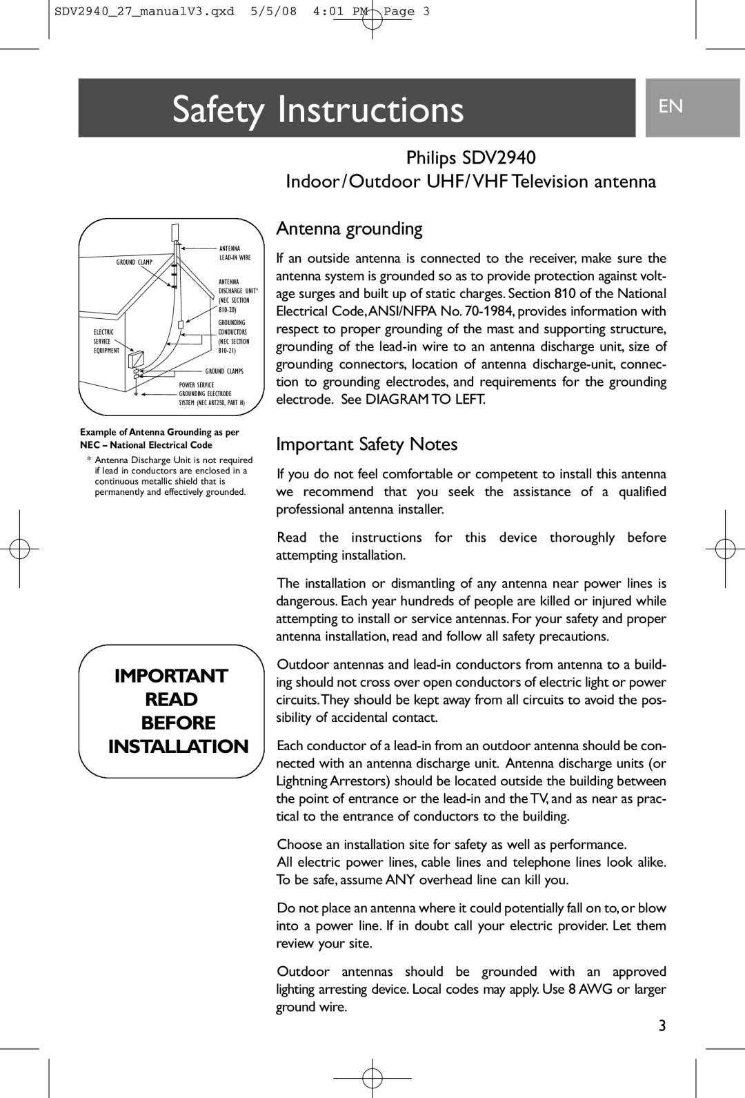 Philips SDV2927, SDV2940 user manual Important Safety Notes, Age surges and built up of static charges. of the National 