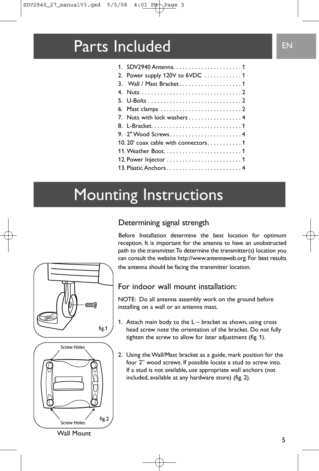 Philips SDV2927, SDV2940 user manual Parts Included, Mounting Instructions, Weather Boot Power Injector Plastic Anchors 