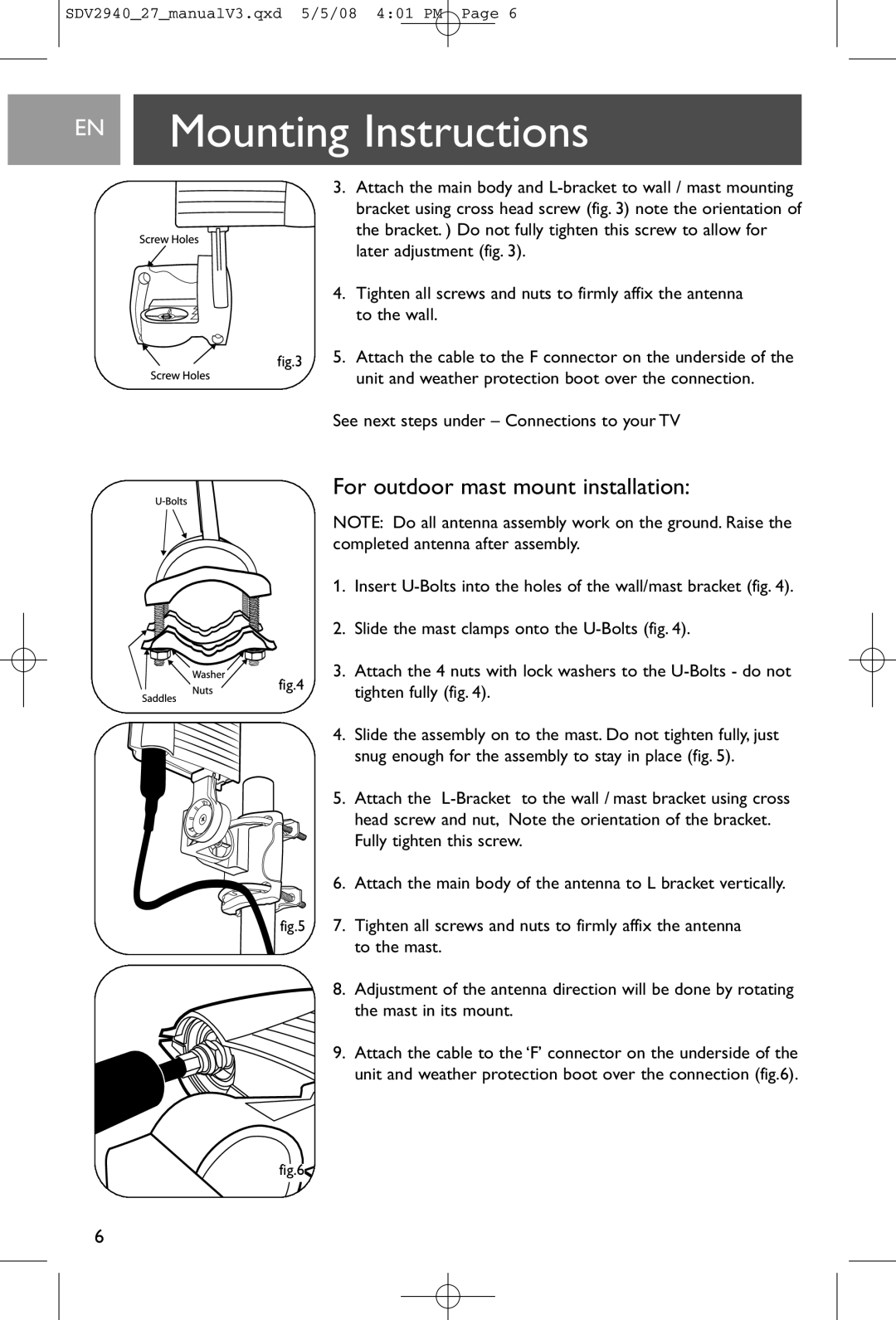 Philips SDV2940 EN Mounting Instructions, For outdoor mast mount installation, See next steps under Connections to your TV 