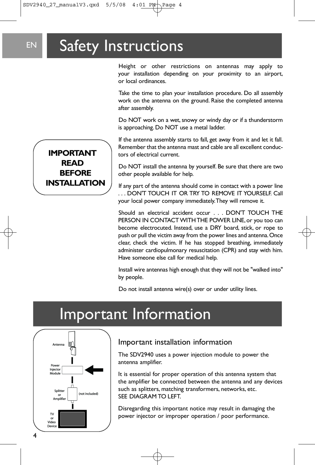 Philips SDV2940, SDV2927 user manual Safety Instructions, Important Information, Important installation information 