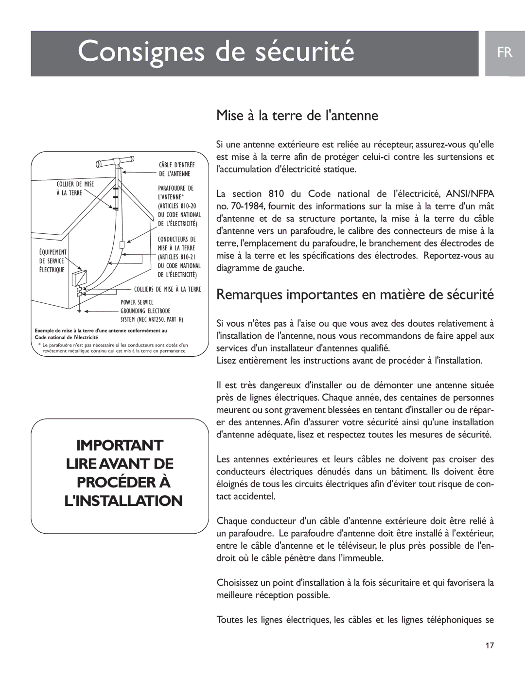 Philips SDV2950/27 user manual Mise à la terre de lantenne, Remarques importantes en matière de sécurité 