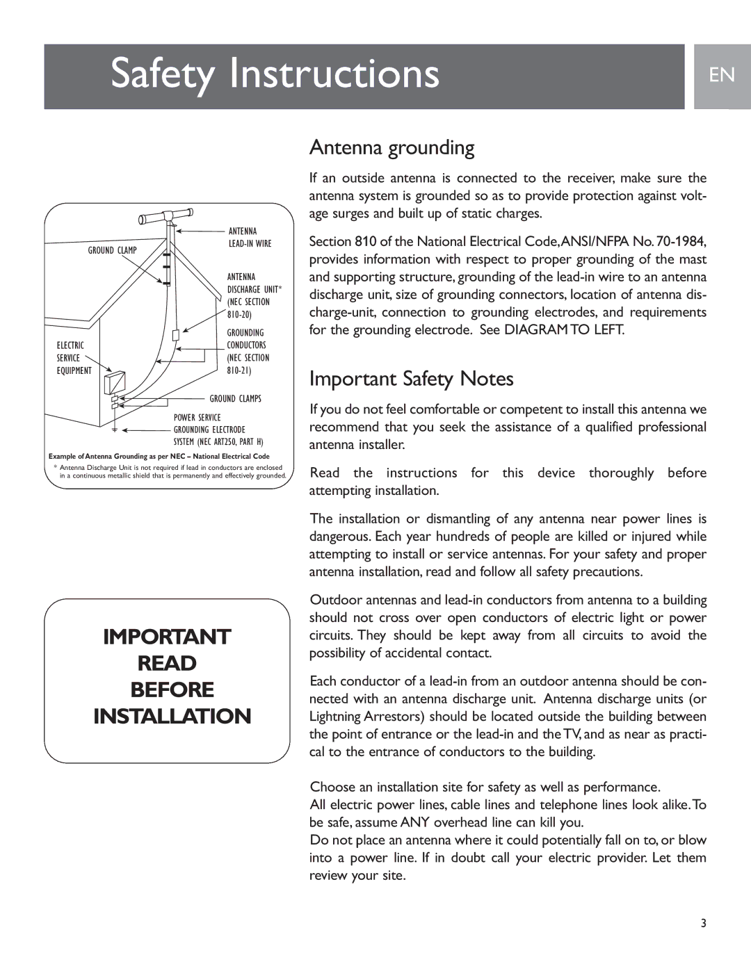 Philips SDV2950/27 user manual Antenna grounding, Important Safety Notes 