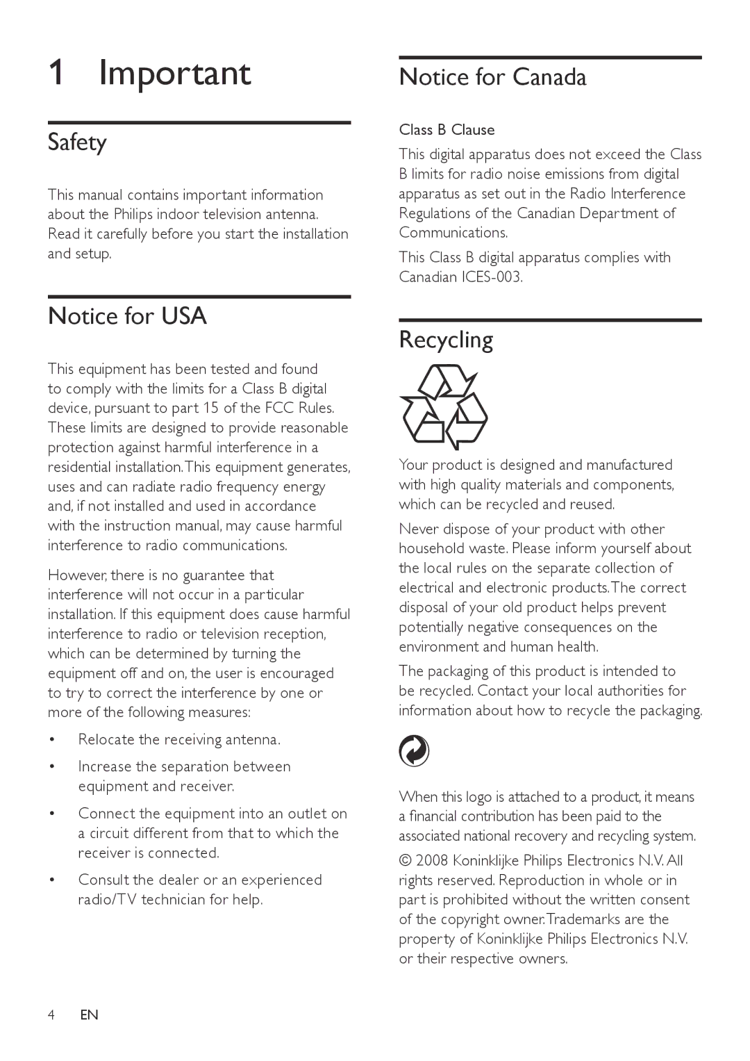 Philips SDV3132/27 user manual Safety, Recycling, Relocate the receiving antenna, Class B Clause 