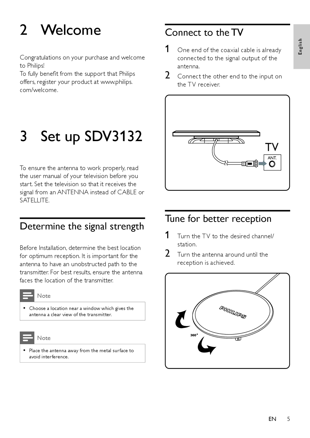 Philips SDV3132/27 Welcome, Set up SDV3132, Connect to the TV, Determine the signal strength, Tune for better reception 