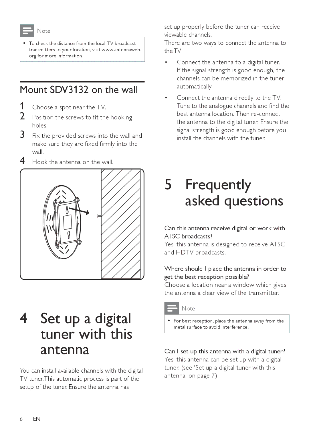 Philips SDV3132/27 user manual Mount SDV3132 on the wall, Connect the antenna directly to the TV 