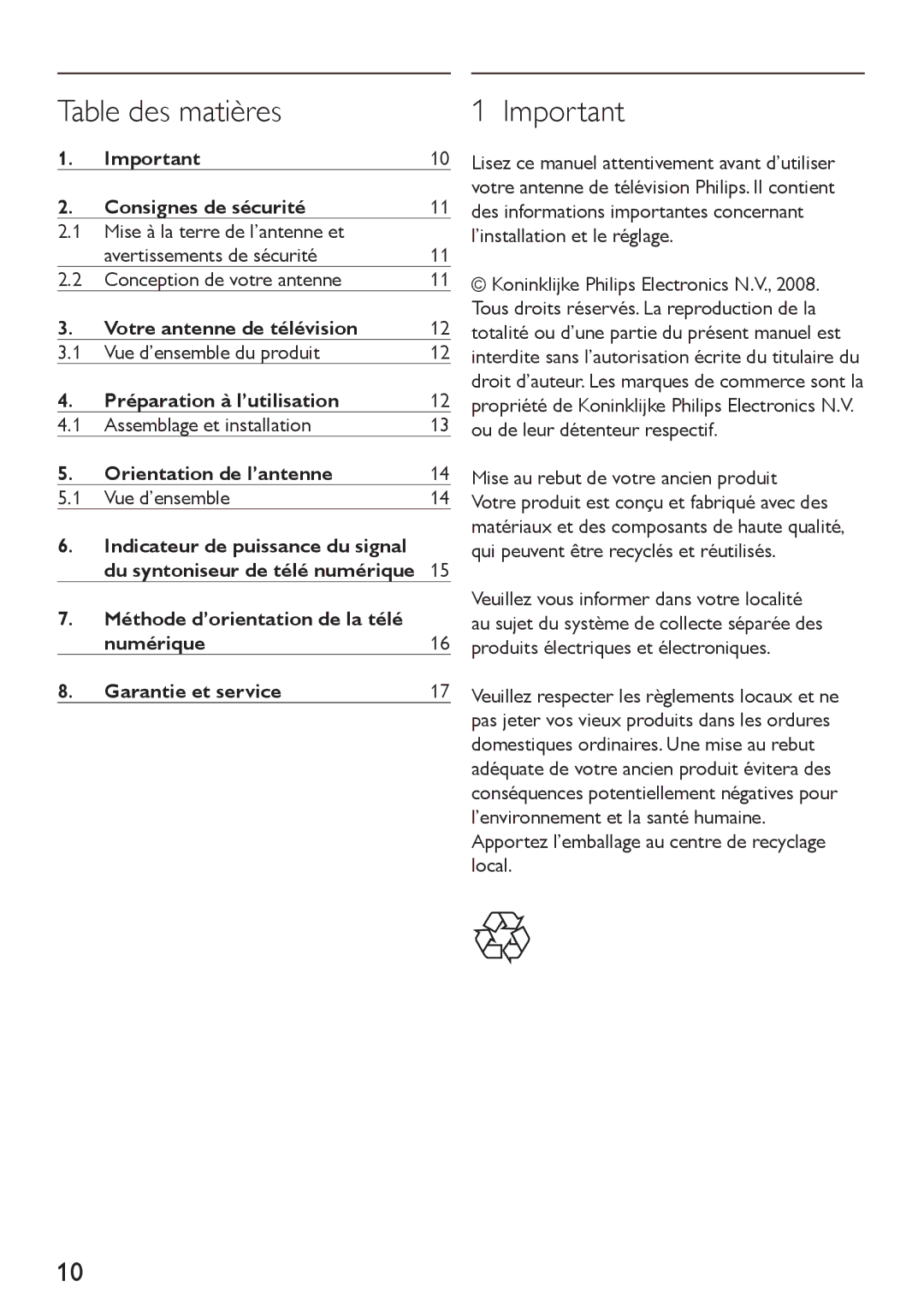 Philips SDV4310/27 Table des matières, Consignes de sécurité, Votre antenne de télévision, Préparation à l’utilisation 