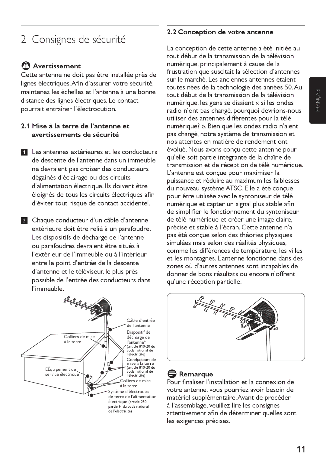 Philips SDV4310/27 manual Consignes de sécurité, Avertissement, Mise à la terre de l’antenne et avertissements de sécurité 