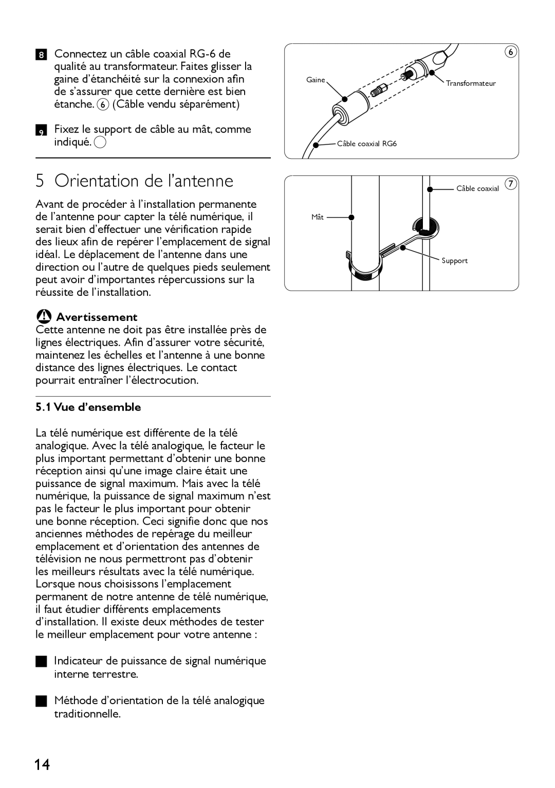 Philips SDV4310/27 manual Orientation de l’antenne, Fixez le support de câble au mât, comme indiqué, Vue d’ensemble 