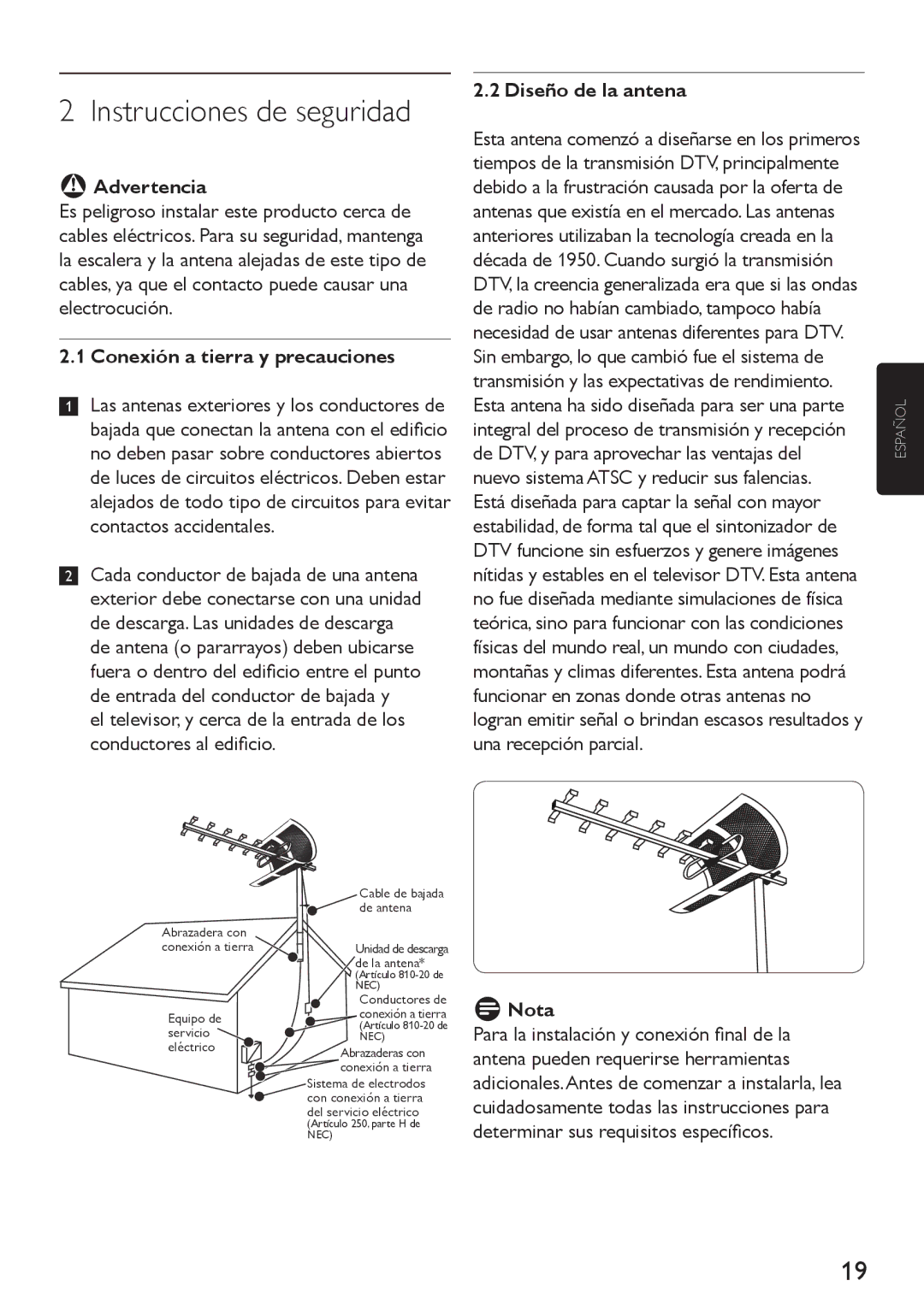 Philips SDV4310/27 Instrucciones de seguridad, Advertencia, Conexión a tierra y precauciones, Diseño de la antena, Nota 