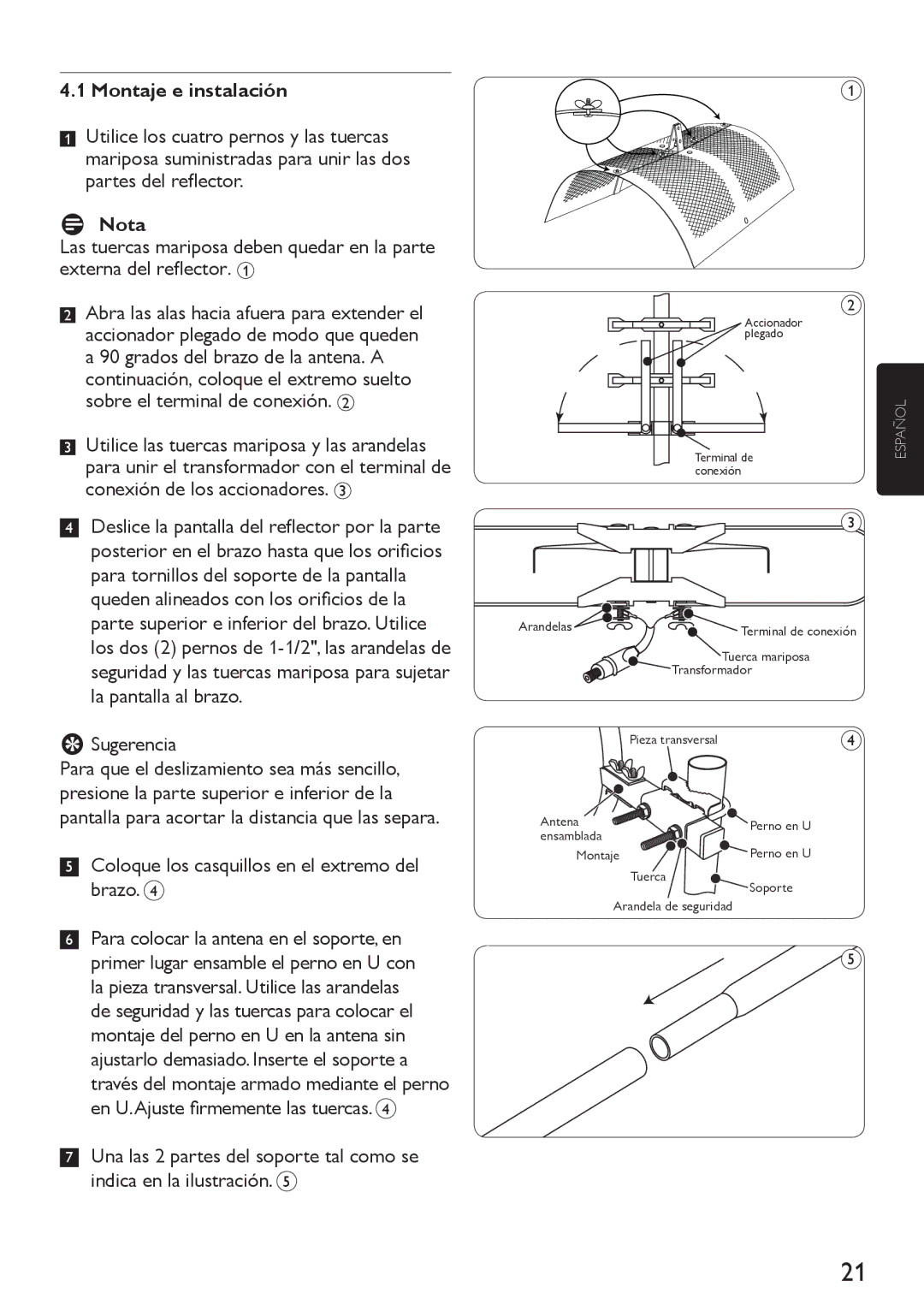 Philips SDV4310/27 Montaje e instalación, Los dos 2 pernos de 1-1/2, las arandelas de, La pantalla al brazo Sugerencia 