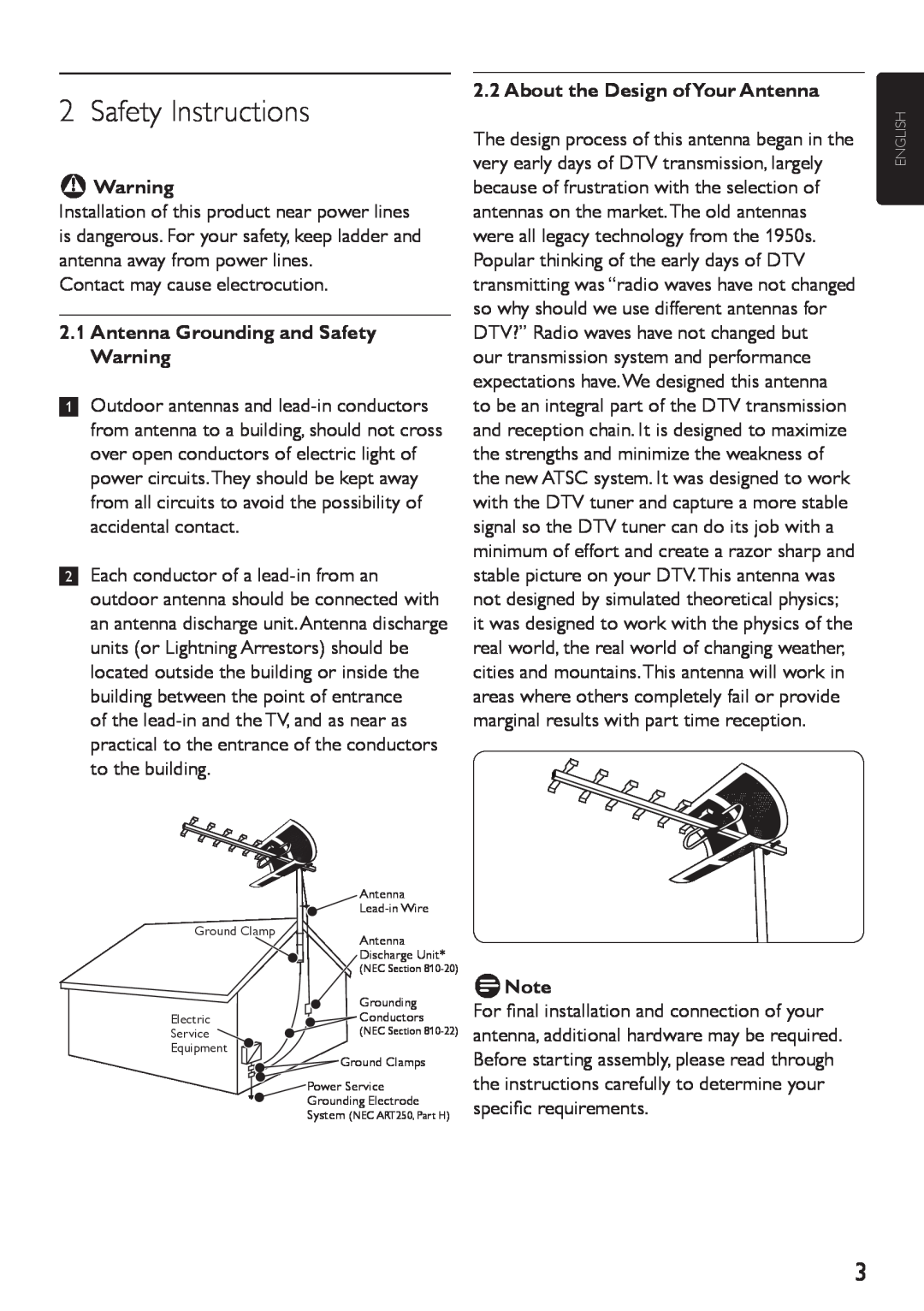 Philips SDV4310/27 Safety Instructions, BWarning, 2.1Antenna Grounding and Safety Warning, About the Design ofYour Antenna 