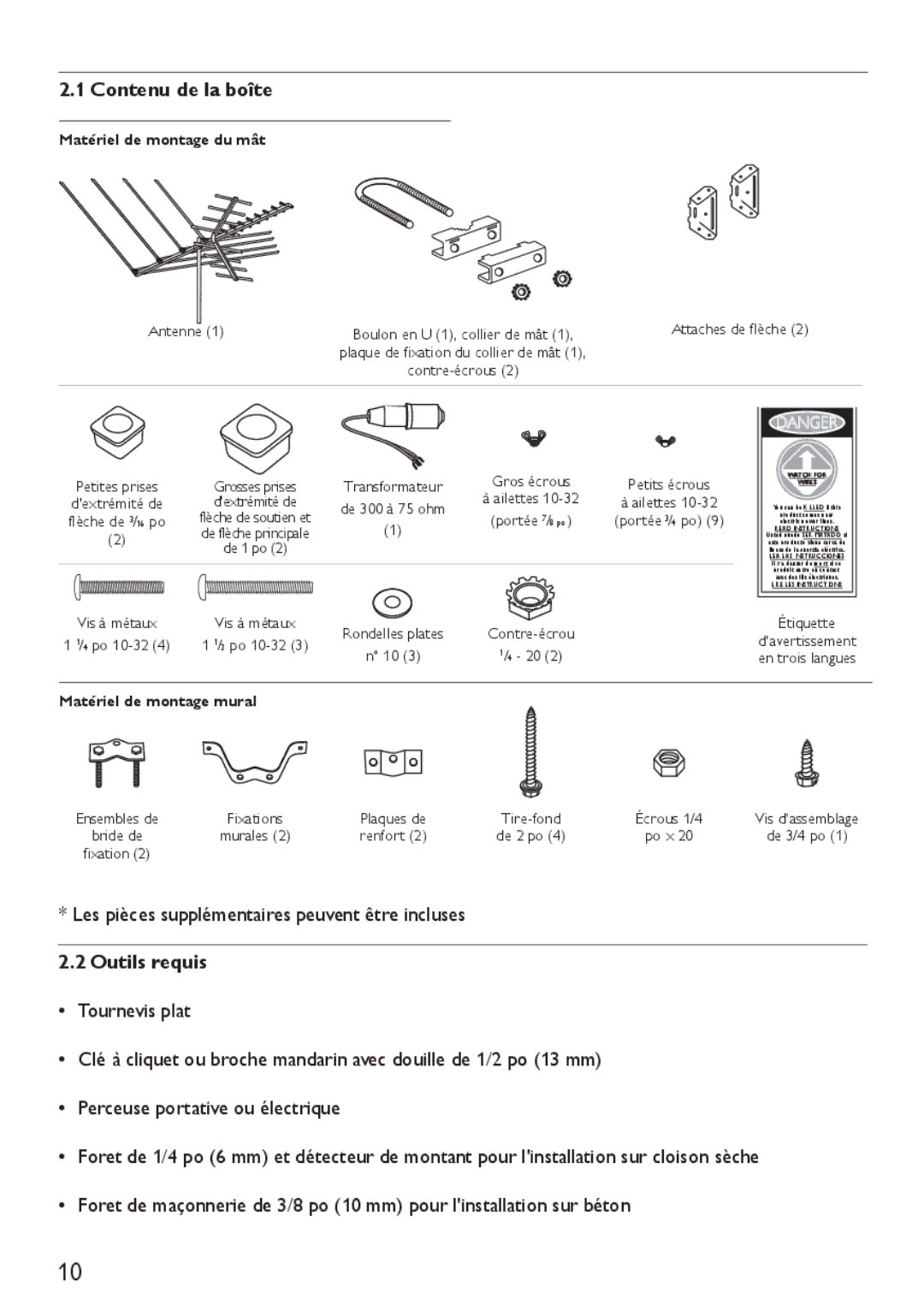 Philips SDV4400/27 manual Contenu de la boîte, Les pièces supplémentaires peuvent être incluses, Outils requis 