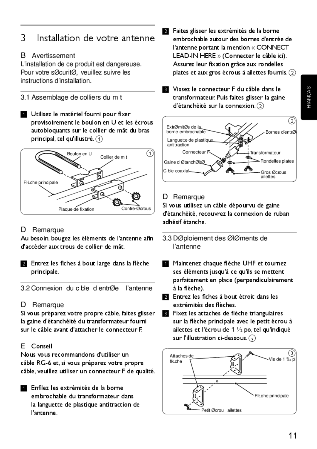 Philips SDV4400/27 manual Avertissement, Assemblage de colliers du mât, Connexion du câble d’entrée à lantenne Remarque 