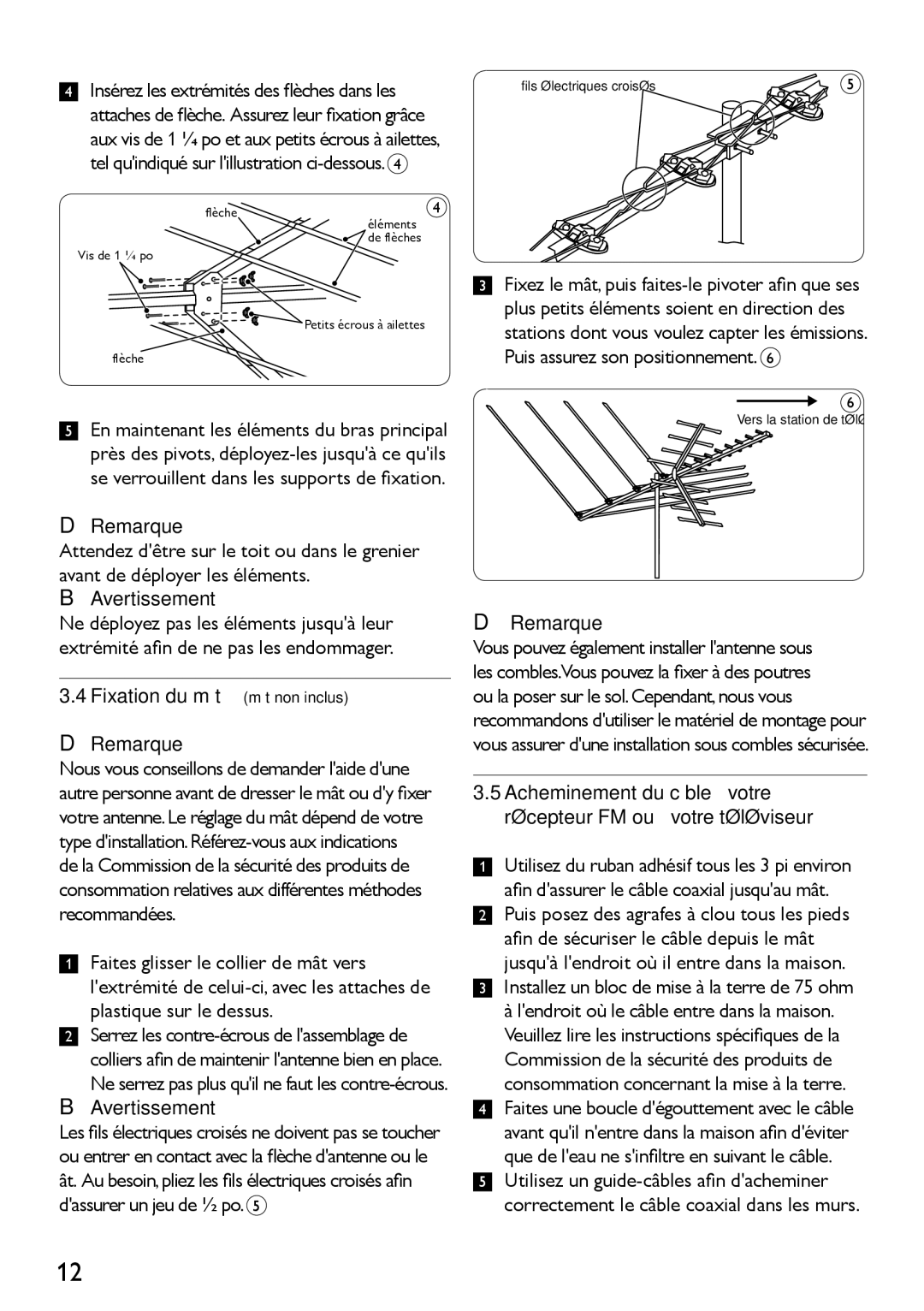 Philips SDV4400/27 manual Insérez les extrémités des flèches dans les, Fixation du mât mât non inclus Remarque 