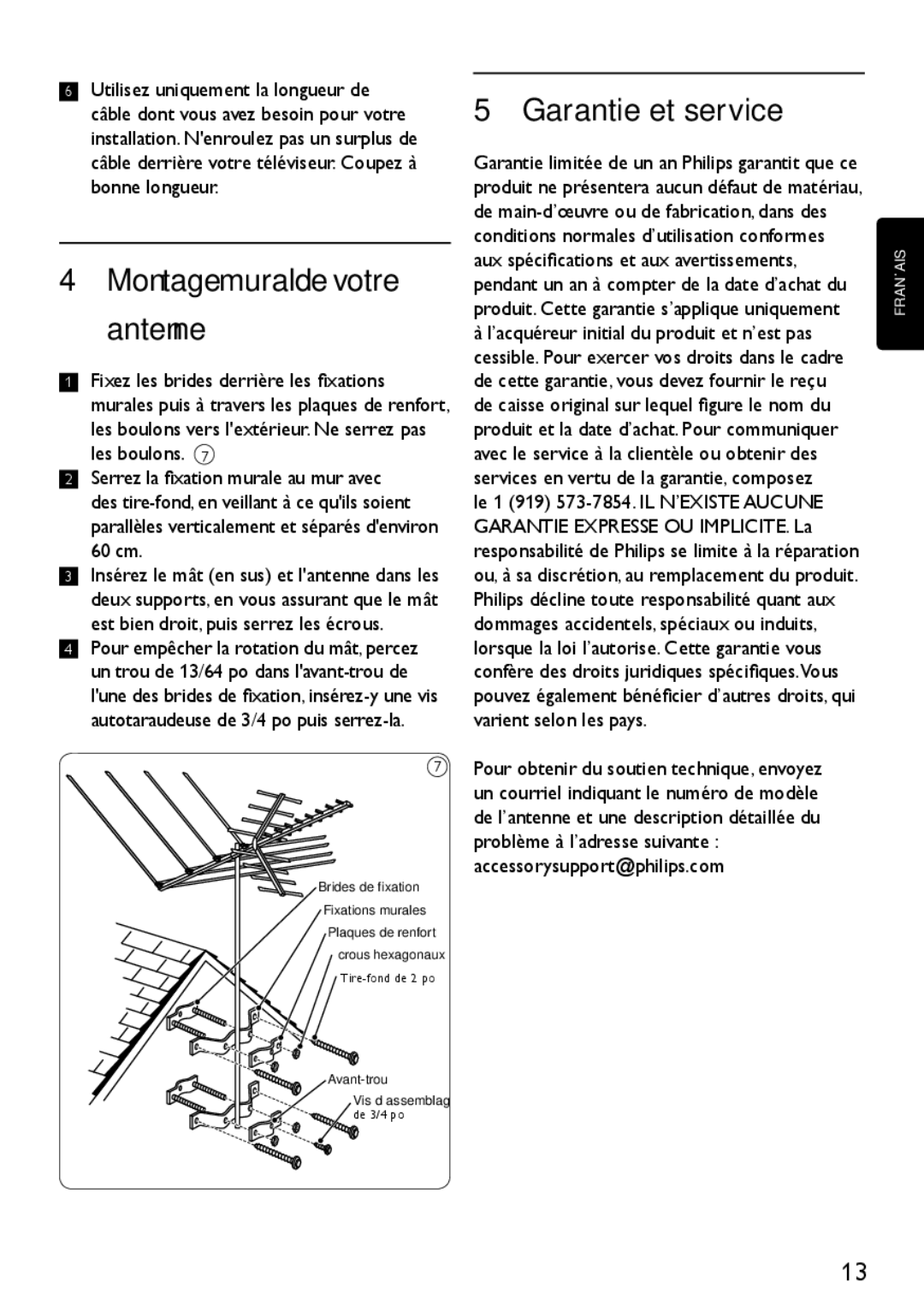 Philips SDV4400/27 manual Montage mural de votre antenne, Garantie et service 