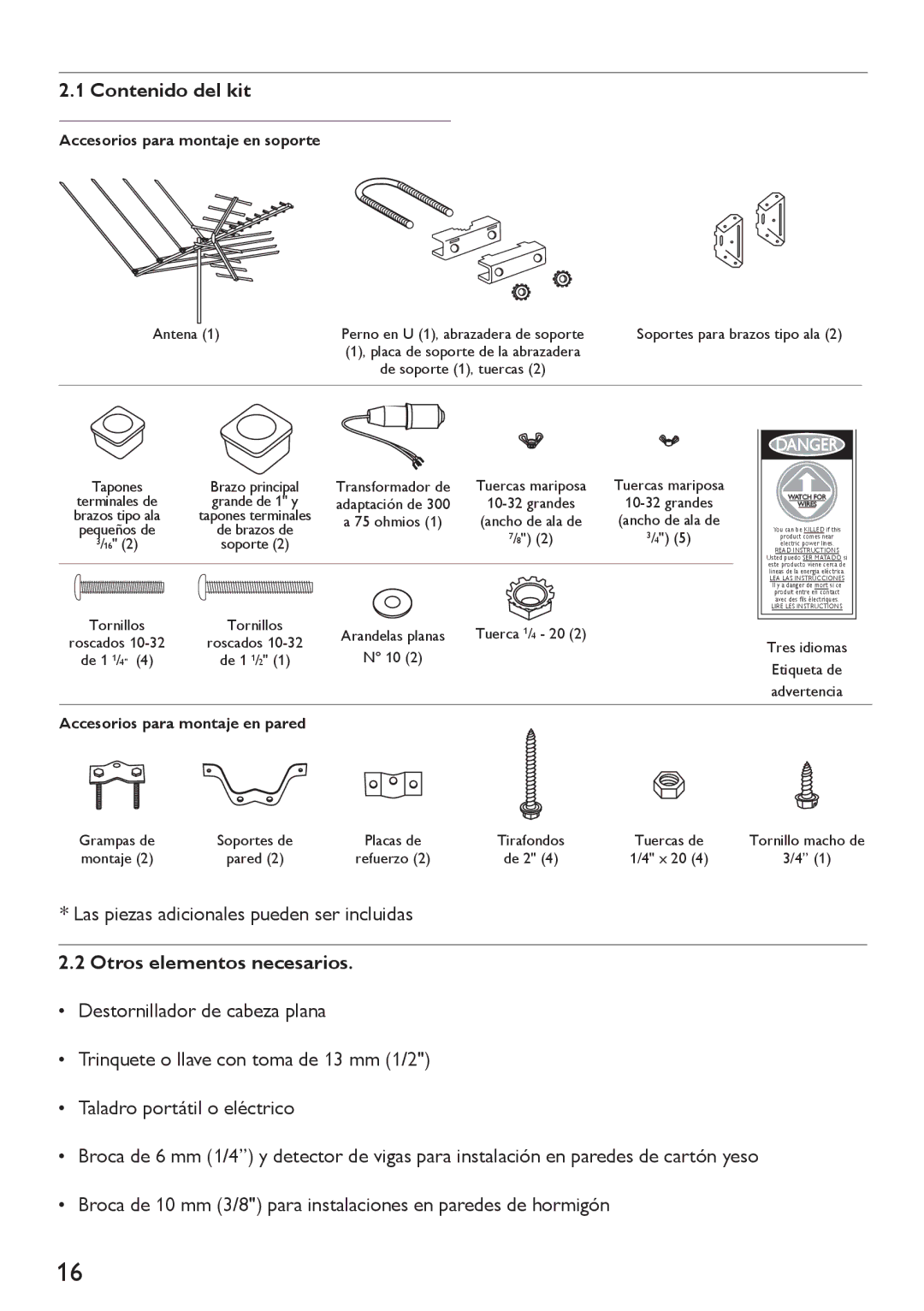 Philips SDV4400/27 manual Contenido del kit, Las piezas adicionales pueden ser incluidas, Otros elementos necesarios 