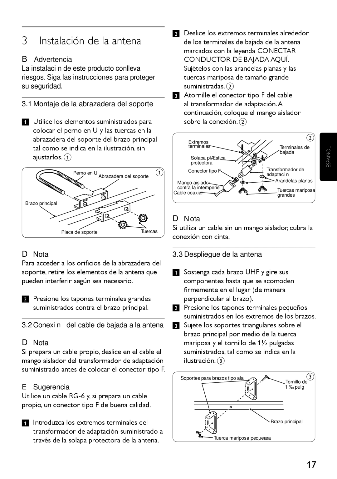 Philips SDV4400/27 manual Instalación de la antena, Conexión del cable de bajada a la antena Nota, Sugerencia 