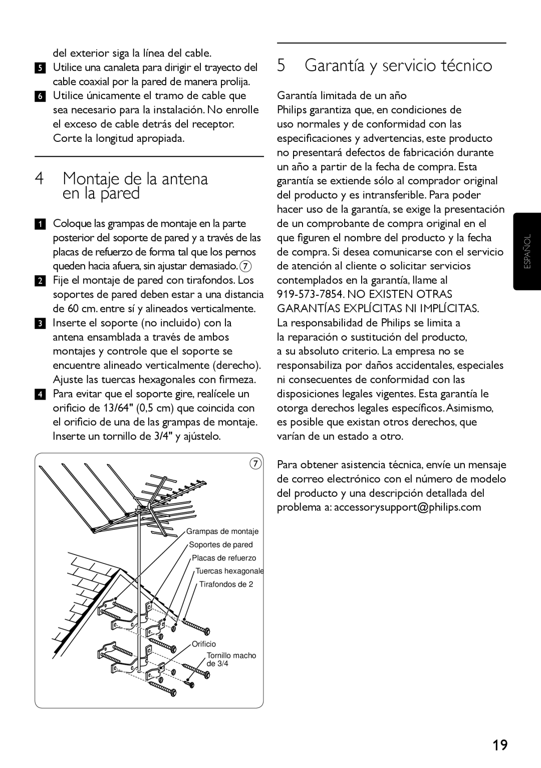 Philips SDV4400/27 Montaje de la antena en la pared, Garantía y servicio técnico, Del exterior siga la línea del cable 