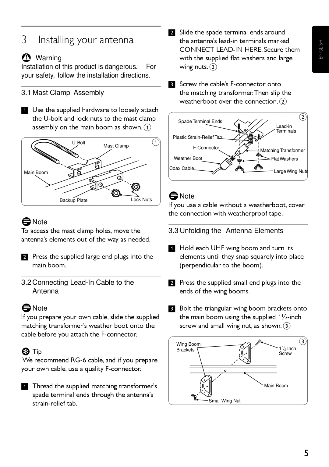 Philips SDV4400/27 Installing your antenna, Installation of this product is dangerous. For, Unfolding the Antenna Elements 