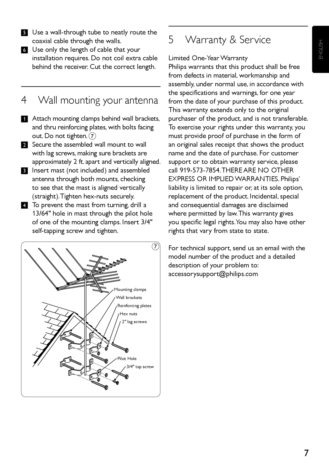 Philips SDV4400/27 manual Wall mounting your antenna, Warranty & Service, Limited One-Year Warranty 