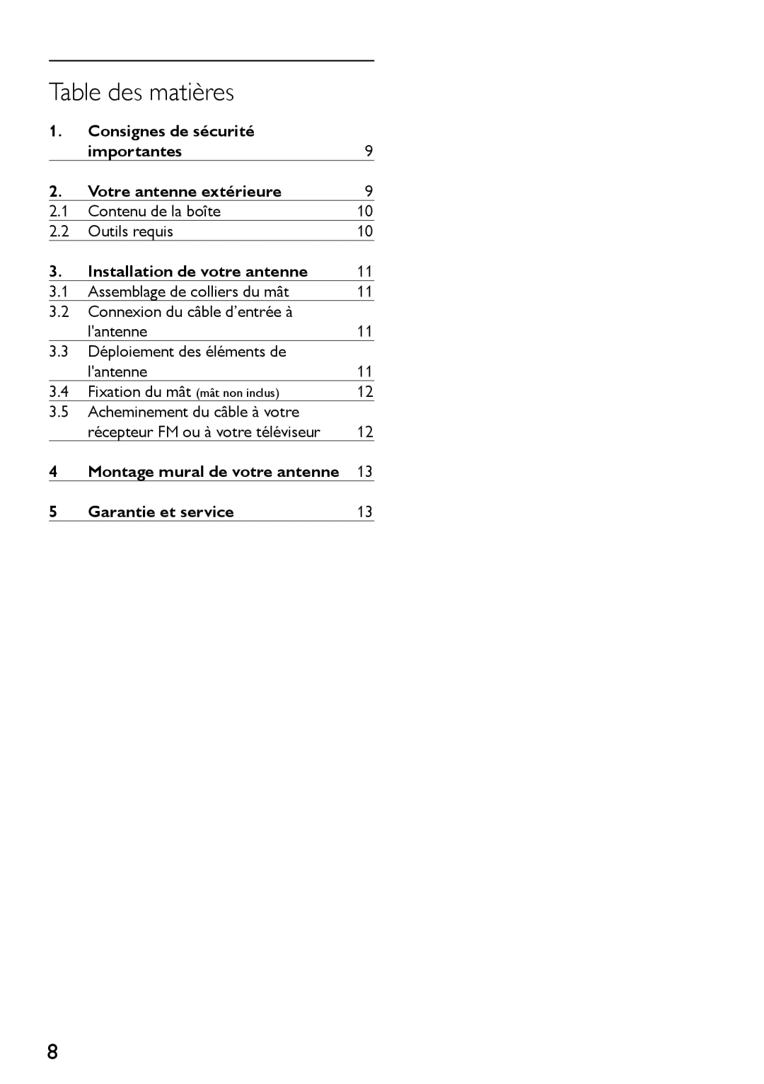 Philips SDV4400/27 manual Table des matières, Consignes de sécurité Importantes Votre antenne extérieure 