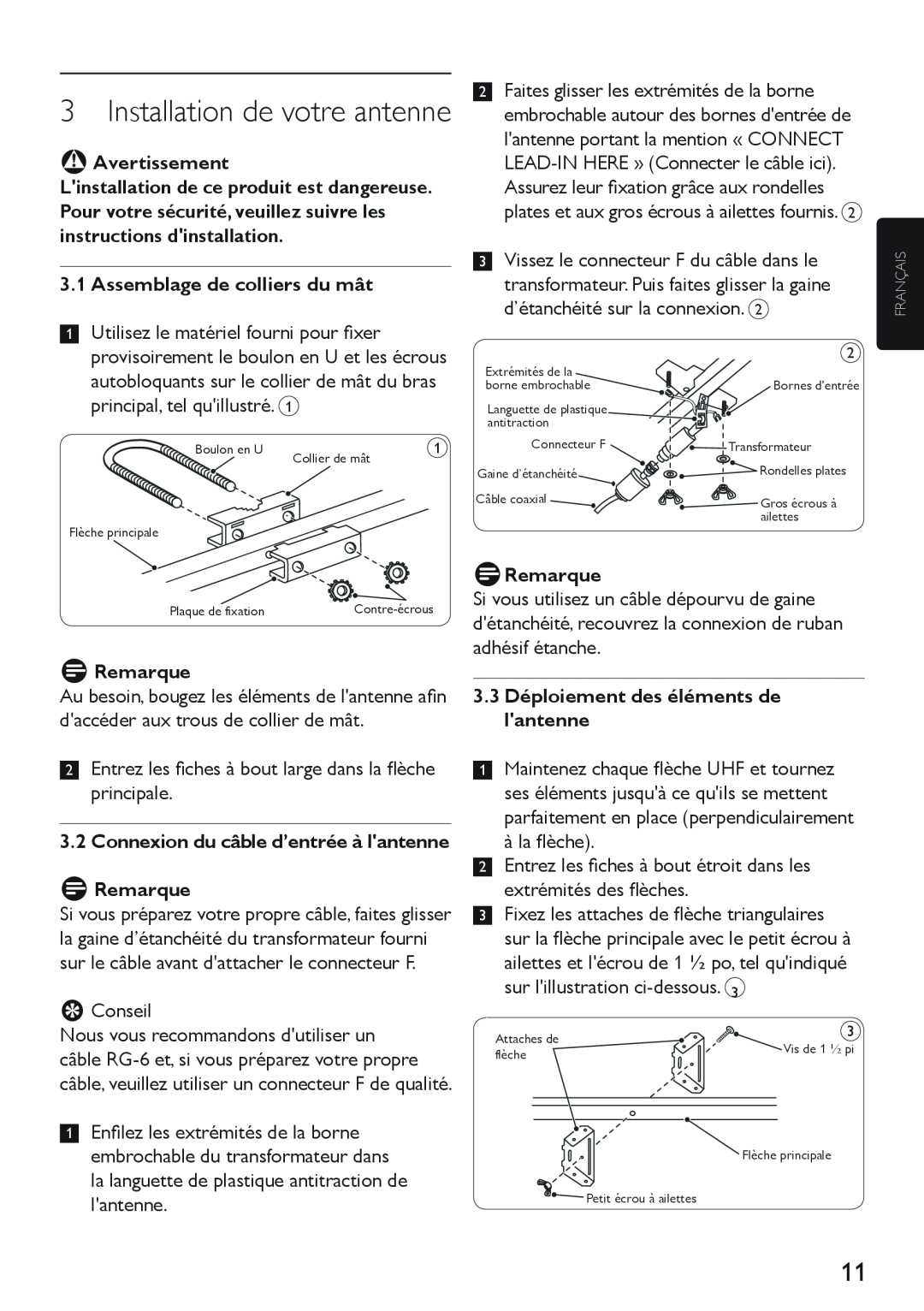 Philips SDV4400/27 manual Installation de votre antenne, BAvertissement, Assemblage de colliers du mât, DRemarque 