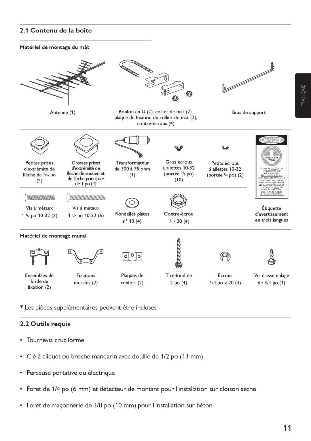 Philips SDV4401/27 manual Contenu de la boîte, Les pièces supplémentaires peuvent être incluses, Outils requis 