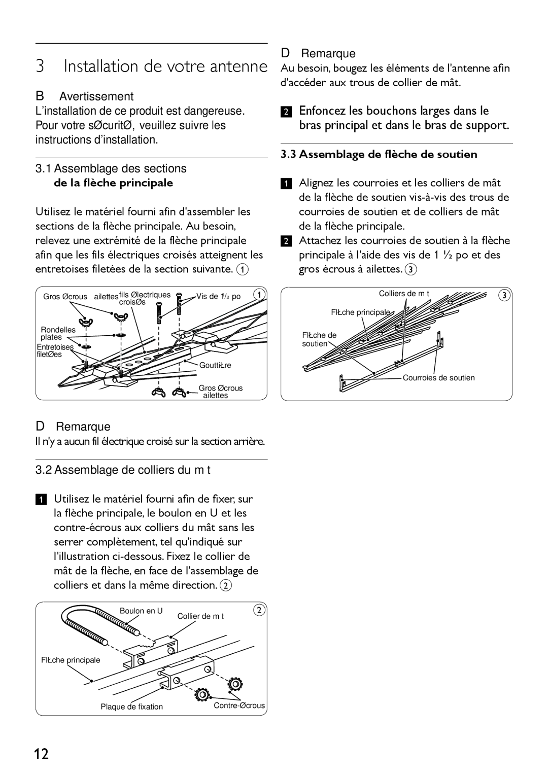 Philips SDV4401/27 manual Avertissement, Remarque, Assemblage de colliers du mât, Assemblage de flèche de soutien 