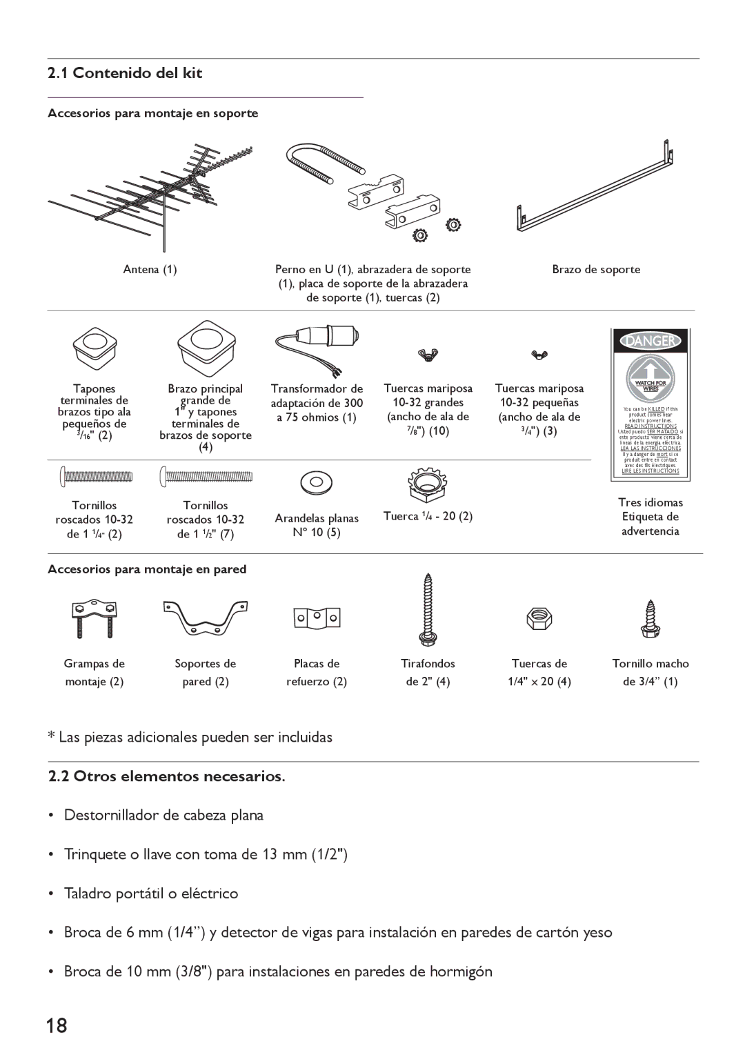 Philips SDV4401/27 manual Contenido del kit, Las piezas adicionales pueden ser incluidas, Otros elementos necesarios 