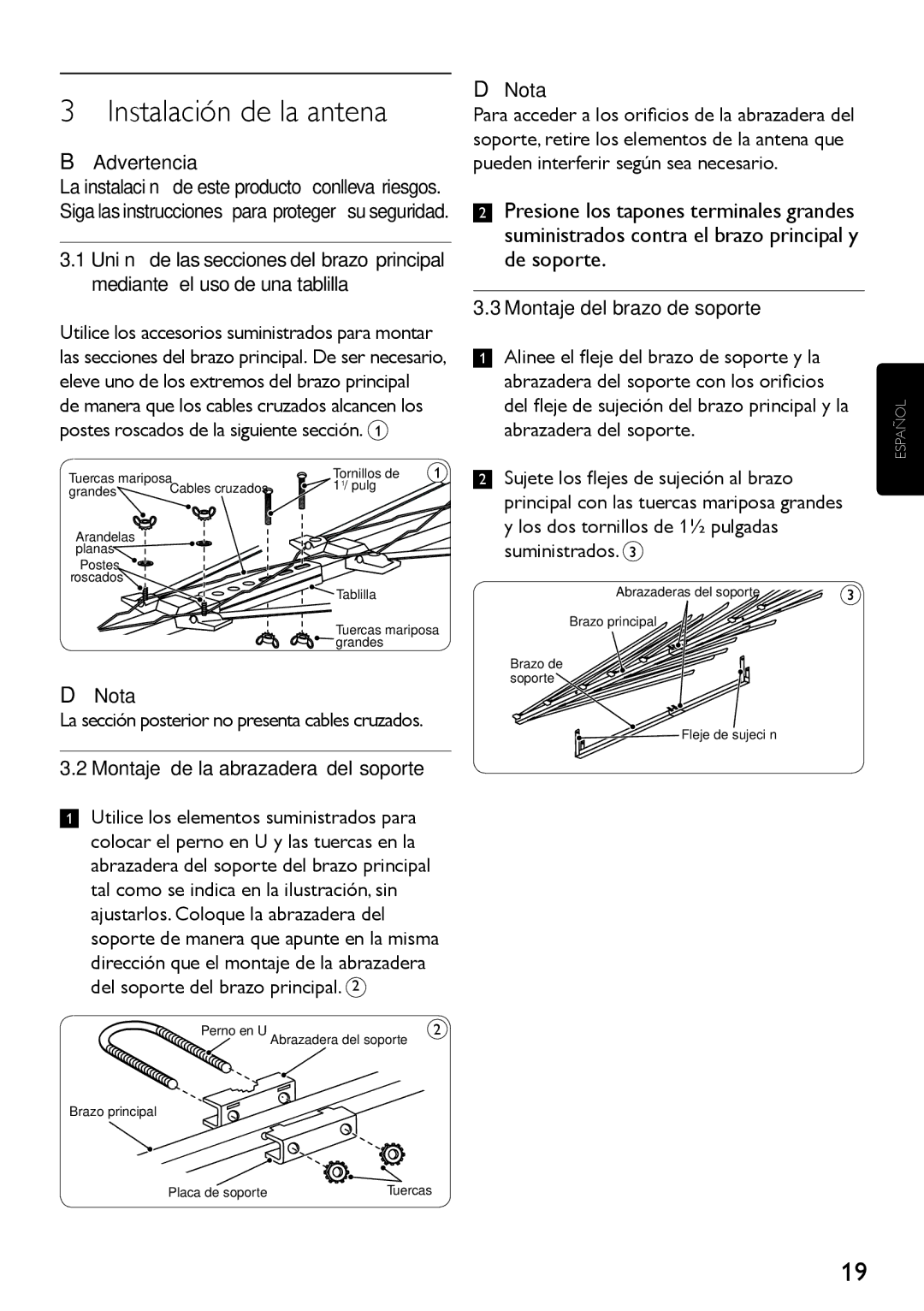 Philips SDV4401/27 manual Instalación de la antena, Advertencia, Nota, Montaje de la abrazadera del soporte 