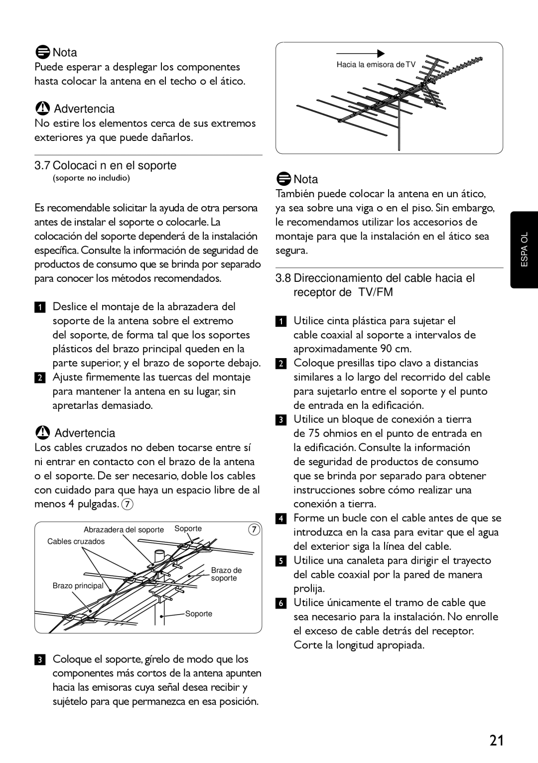 Philips SDV4401/27 manual Colocación en el soporte, Direccionamiento del cable hacia el receptor de TV/FM 