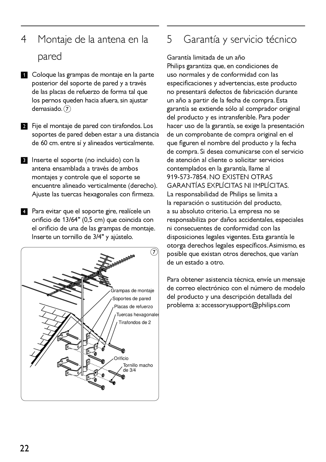 Philips SDV4401/27 Montaje de la antena en la pared, Garantía y servicio técnico, Inserte un tornillo de 3/4 y ajústelo 