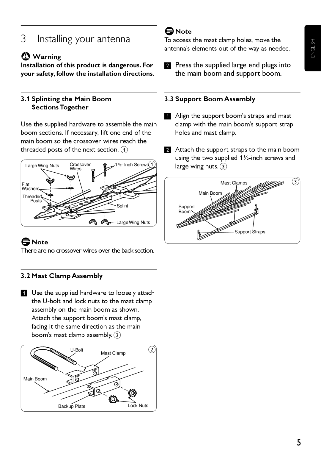 Philips SDV4401/27 manual Installing your antenna, Splinting the Main Boom Sections Together, Support Boom Assembly 