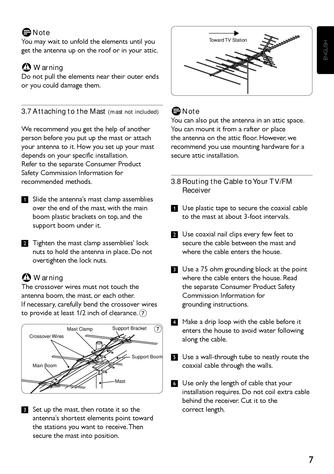 Philips SDV4401/27 manual Attaching to the Mast mast not included, Routing the Cable toYour TV/FM Receiver 