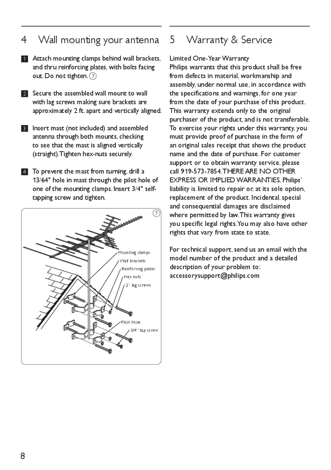 Philips SDV4401/27 manual Wall mounting your antenna, Warranty & Service, Limited One-Year Warranty 