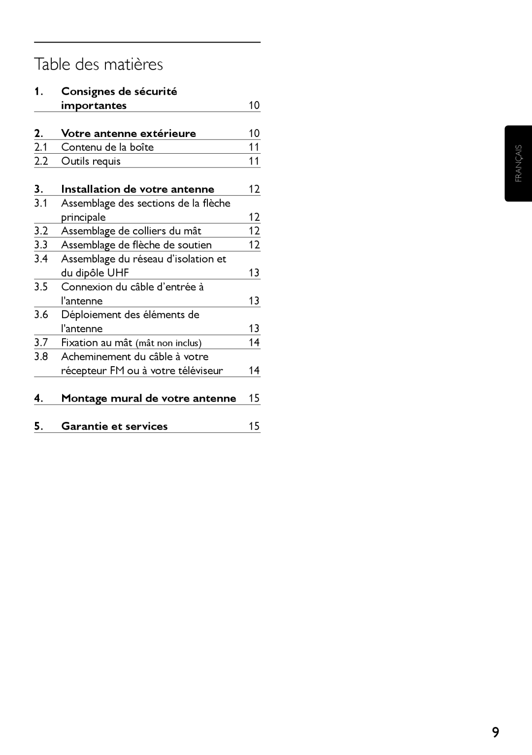 Philips SDV4401/27 manual Table des matières, Consignes de sécurité Importantes Votre antenne extérieure 