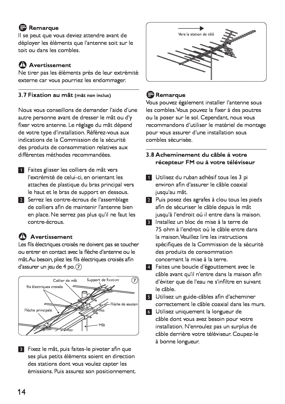 Philips SDV4401/27 manual 3.7Fixation au mât mât non inclus, DRemarque, BAvertissement 