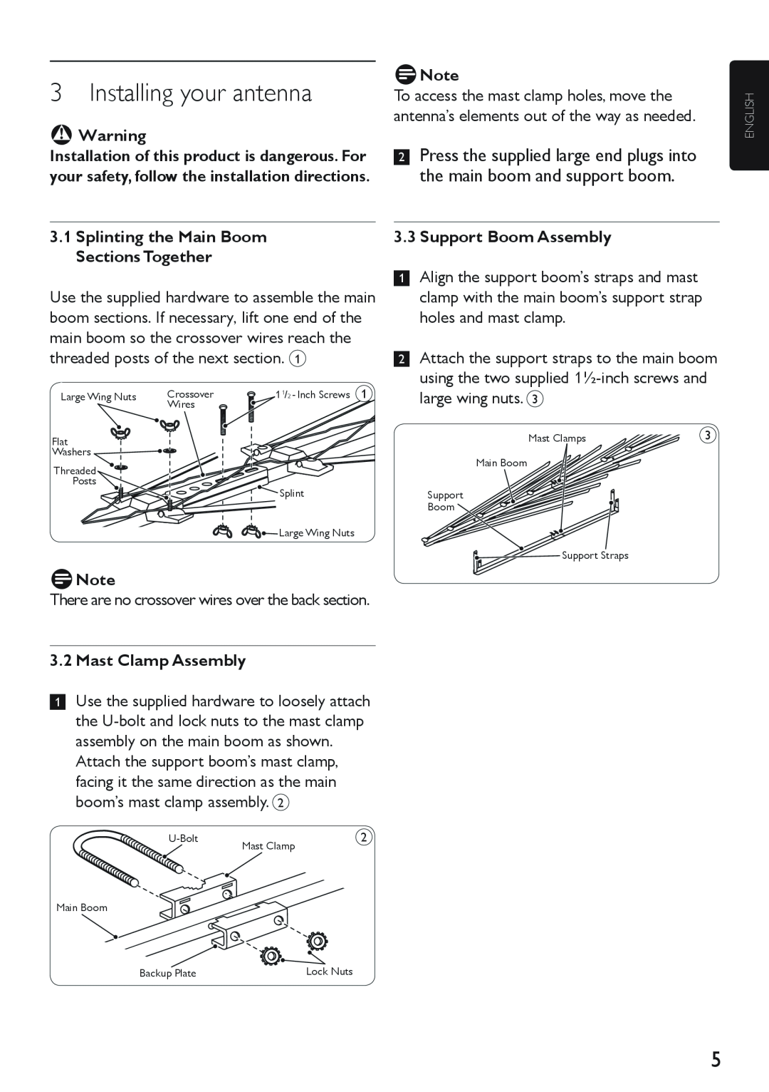 Philips SDV4401/27 manual Installing your antenna, BWarning, 3.1Splinting the Main Boom Sections Together, DNote 