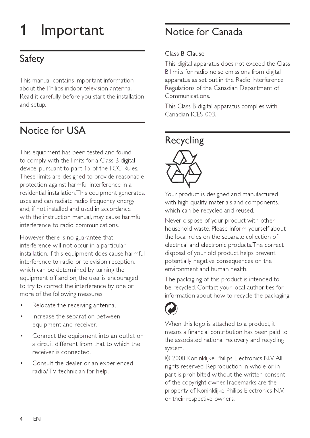 Philips SDV5119/27 user manual Safety, Recycling, Relocate the receiving antenna, Class B Clause 