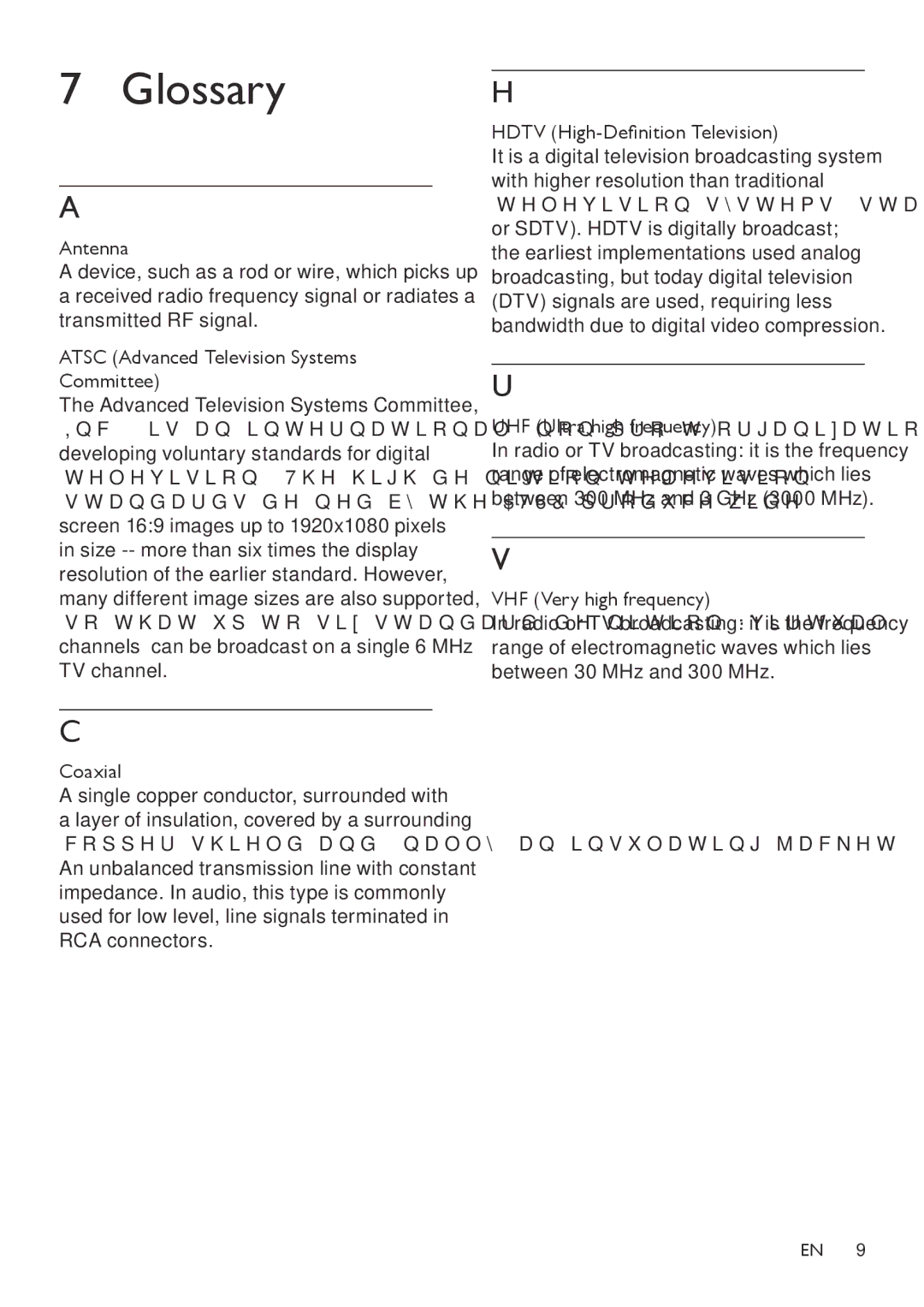 Philips SDV5119/27 Glossary, Coaxial, Hdtv High-Definition Television, UHF Ultra high frequency, VHF Very high frequency 